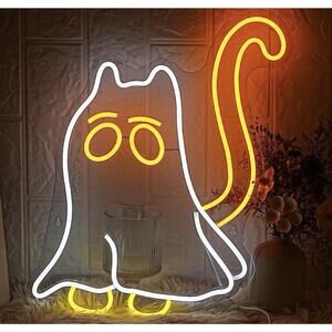 Ghost Party Neon Cat Wall Hanging Sign, USB LED Sign, Orange/White, Indoor